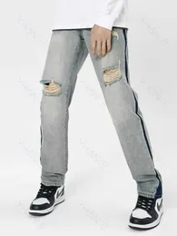 Herrenjeans Vintage High Street Hip Hop Zerfetzte Jeans Übergroße, seitlich gestreifte, gerade Jeanshose Ausgewaschene, kniezerrissene Jeans für Herren Z0225