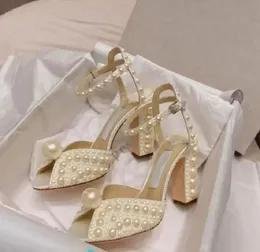 23s Elegant Bride Wedding Dress Shoes Saracria Pearls Sandaler White Pearls Embellished Sexy Nice High Heels Ankel Strapwomens pumpar EU35-42 med l￥da