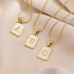 New titanium steel square 26-letter necklace women fashion plated 18K gold inlaid shell English letter snake bone chain