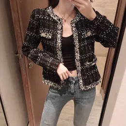 Damen Jacken Mantel Frauen Jacke Weibliche Schwarz Kleine Tweed Herbst Oberbekleidung Lose Kanal Stil Za Anzug Abgeschnitten Gestreift Kawaii 230224