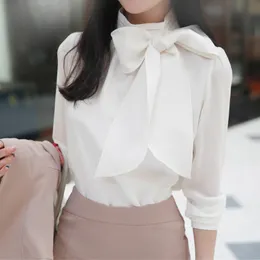 Women's Blouses Shirts Work Style OL Elegant Puff Sleeve Blouse Korean Chic Loose Bow Chiffon Shirts Women Solid All-match Spring Blusas Mujer Moda 230225