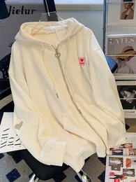 Kvinnors hoodies tröjor Jielur broderad huva koreansk sweatshirt Kvinnor Cardigan Autumn Thin Coat Female Zipper Apricot Hoodies Streetwear M-XL 230224