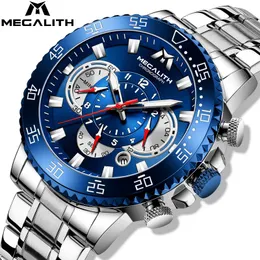 Relógios de punho Megalith Men's Watch 2023 Sports Cronógrafo Quartz Relógio Masculino Banda de aço inoxidável Banda de moda para homens