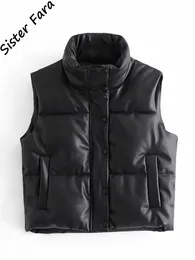 여자의 vests 자매 파라 푸 가죽 코트 블랙 스탠드 칼라 패션 지퍼 우아한 가을 겨울 짧은 여자 숙녀 230225
