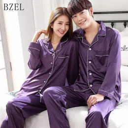 BZEL Silk Satin Couples 남성용 남성용 긴 슬리브 잠자기 잠옷 양복 홈 의류의 옷 피하마 Cx166a