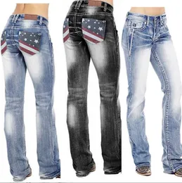 Women's Jeans Woman Femme High Waist Clothes American Flag Stretch Washed Mom Ropa Mujer Vintage Pants Denim Pantalon