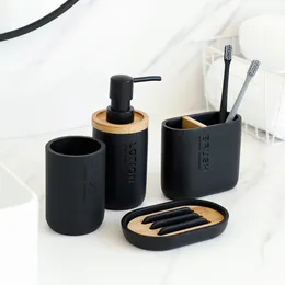 Badtillbehör Set badrumstillbehör SOAP Lotion Dispenser Tandborstehållare Soap Dish Tumbler Pump Bottle Cup Wood Black eller White 230224