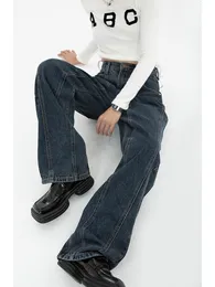 Kvinnors jeans marinblå hög midja baggy kvinnor jeans streetwear y2k mode streetwear casual sommar breda ben premium byxor 230225