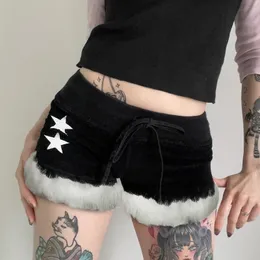 Women's Shorts Vintage Fur Patchwork Veet Women Y2k Star Print Low Waist Short Bodycon Gothic Furry Chic Black Bottoms Winter 230224