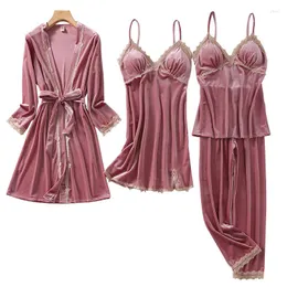 Frauen Nachtwäsche Herumn Frauen Velor 4pcs Pyjamas Anzug Pyjama Kimono Bademantel Kleid Intime Dessous Casual Velvet Nightwear