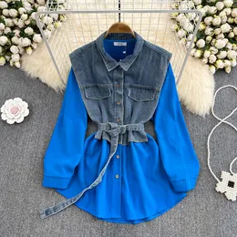 Contrast Color Denim Patchwork Long Sleeve Blouse Single-breasted Lace Up Shirt Autumn Winter Mujer Blusa with Belt 2023