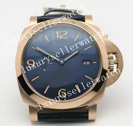 M￤ns Super 44mm Automatisk r￶relse TTF Factory Asia 7750 Modifierad till klon P9010 Blue Sandwich Dial 18k Rose Gold Plated Solid Blue Leather Strap armbandsur