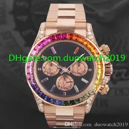 새로운 최고 품질 40mm 남성 시계 116595 Rbow Rainbow No 크로노 그래프 다이아몬드 베젤 검은 다이얼 로즈 골드 밴드 기계 자동 M305L