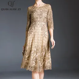 Casual Dresses Qian Han Zi Designer Fashion Runway Dress Summer Women's 3/4 Sleeves Vintage Luxury Slim Mesh Embroidered