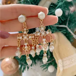 Charm Exknl Baroque Big Cross earrings for women Pearl Wedding Drop Long Earrings Jewelry Brincos 2020 Bridal Flower Star Earrings G230225