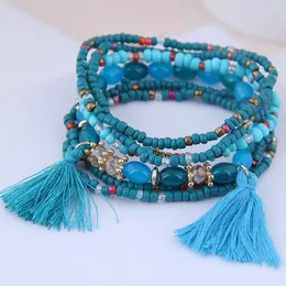 Strand 6pcs Bohemian Tassel Charm Multicolors Beads Bracelets مجموعة نساء الطبقات الحجرية أساور الأسوار الأساور