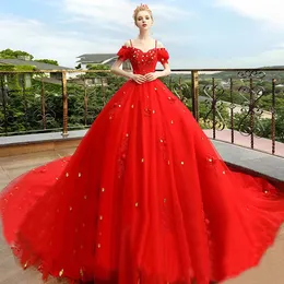 2023 off shoulder red Bridal Gowns color Wedding Dresses A Line Court Train Tulle Plus Size Custom Lace Up Zipper Applique plus size say mhamad ball gown wed dress