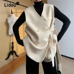 여자의 조끼 스프링 가을 한국 패션 느슨한 소매 소매 레이스 업 이중 가슴 세련된 스트리트웨어 모직 사무실 레이디 양복 조끼 230225