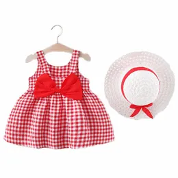 Mädchenkleider Mädchen-Baby-Sommerkleid mit Eimerhut Mode karierte Schleife Priness-Kleidung A-Linie für Mädchen