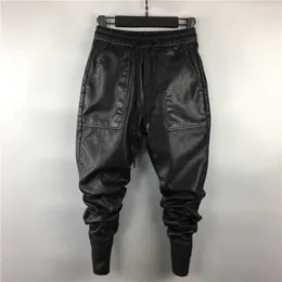 Herrbyxor houzhou svart motorcykel läderbyxor moto fjäder män mager läder byxor mode faux pu läder techwear streetwear hip hop z0225