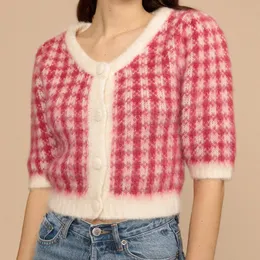 Women's Knits & Tees Women Single Breasted Mohair Sweater Short Sleeve Plaid Vintage Female Knitted Cardigan 2023 Spring Summer