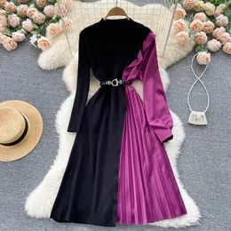 Koreańskie sukienki stoją szyja długi rękaw kolor kolor patchwork dzianin szata femme szczupły pasek talii plisowany vestidos de Mujer 2023