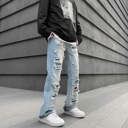 Mäns jeans 2022 Våren och sommaren New Men's High Street Hiphop Microladen Jeans Ins Tide Brand Loose Straight Nostalgic Ripped Trousers Z0225