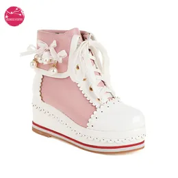 Boots Women Kawaii Lolita Lace-up ankle bootie platform platform frick cosplay shoes with pear sring bead plus 34-48