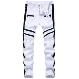 Herrjeans Herr Hiphop Stripe design Patchwork Ripped Stretch Slim Jeans Streetwear Bomull Man Casual Joggers Denimbyxor Plus Size 42 Z0225