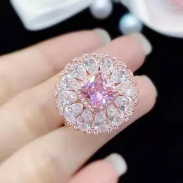 클러스터 링 럭셔리 솔리드 925 스털링 실버 로즈 골드 웨딩 여성 2ct 핑크 시뮬레이션 다이아몬드 약혼 반지 고급 보석