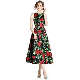 2023 Rose Patroon Patroon Party Zomer Midi Dress Dames Designer Round Neck Cocktail Prom Vest Dresses Ladies Print Cafe Slim A-Line Frocks Sweet Cute Loose Big Swing Club Robe