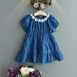 Sukienki dla dziewczynek letnie dziewczyny sukienka mody dżins niebieskie ubrania dla dzieci kwiat dla dzieci dziewczyny