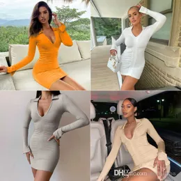 Women Dresses Designer 2023 Spring New Sexy Deep V Lapel Long-sleeve Pleated Tight-fitting Dress With Buttocks