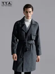 Мужская шерстяная смеси высокого качества мужчин с двойной грудью длинноволосой с длинным пальто в стиле военного стиля. Случайное повседневное en en rench -пальто Большой размер 6xl 230225