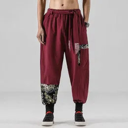 Men's Pants Japanese kimono Men Cotton Linen Samurai Come Ukiyoe Print Belt Retro Harem Pants Haori Baggy Trousers Harajuku Hip Hop Z0225