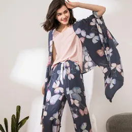 Kadın pijama 2023 Sonbahar Bayanlar Pijama Seti Pembe Floral Prinde Comfort Gevşek İnce Hardigan Üst Pantolon Şortları 4 PCS Taze Stil Homewear