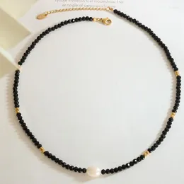 Choker 2023 Stainless Steel Black Glass Beads Baroque Freshwater Pearl Necklace For Women And Men Birthday Trendy Gift