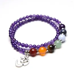 Urok bransolety 5a Stone Kamień Purple Ametyst podwójny opakowanie dla kobiet 7 czakry joga om reiki lecznicę biżuteria 4 mm koraliki