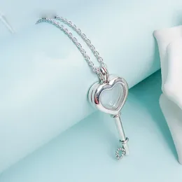 925 Sterling Silver Floating Locket Heart Key Pendant Halsband Passar European Pandora Style Jewelband Halsband