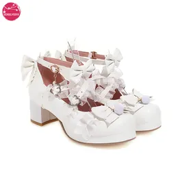 Klänningskor Cross Strap Women High Heels Mary Jane Pumps Wedding Tea Party White Pink Black Ruffles Bow Maid Princess Cosplay Lolita Shoes 230225