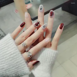 False Nails Nail Art 24pcs Wine Red Glitter Diamond Wear Short Paragraph Fashion Manicure Patch Save Time Wearable