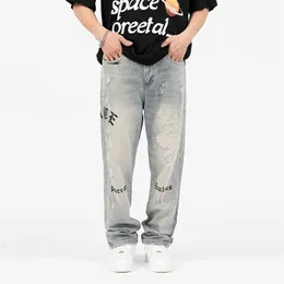 Mäns jeans Europe och Amerika High Street Ripped Jeans Men's broderi design high street retro tvätt trend ins pants gata kläder z0225