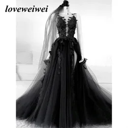 Party Dresses Gothic Black Prom Sexig backless High Side Split Aline aftonklänning Lace Formella klänningar med Veil Robe de 230225