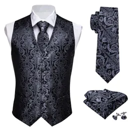 Men's Vests Designer Mens Classic Black Paisley Jacquard Folral Silk Waistcoat Vests Handkerchief Tie Vest Suit Pocket Square Set Barry.Wang 230227