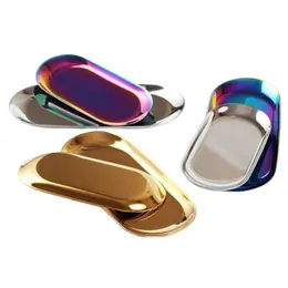 Dekorative Teller, Metall-Desktop-Aufbewahrungstablett, Edelstahlplatte, goldfarben, ovales Schmucktablett Z0227