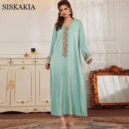Casual Dresses Siskakia Mint Green Satin Embroidery Diamond Beading Maxi Dress For Women V Neck Long Sleeve Elegant Loose Dubai Moroccan
