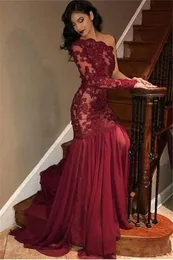 Sexy Red One Shoulder Prom Dresses Lace Appliques Sheer Long Sleeve Mermaid Women Evening Gowns BC15011