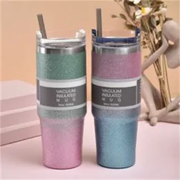 30oz Vacuum Insulated Car Mugs Stainless Steel Tumblers Cups With Lid Straws Big Capacity Beer Water Bottles Outdoor Camping Drinking Mug