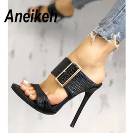 Sandalen Aneikeh 2023 Mode Sexy Gladiator Sommer PU Frauen Sandalen Dünne High Heels Sandalen SlipOn Opinted Toe Schwarz Kleid Größe 3540 Z0224