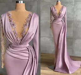 Elegant Satin Mermaid Evening Dresses with Long Sleeves Deep V Neck Lace Appliqued Prom Party Gowns Arabic Aso Ebi Ruched Sweep Train Women Robe de Soiree BC10062